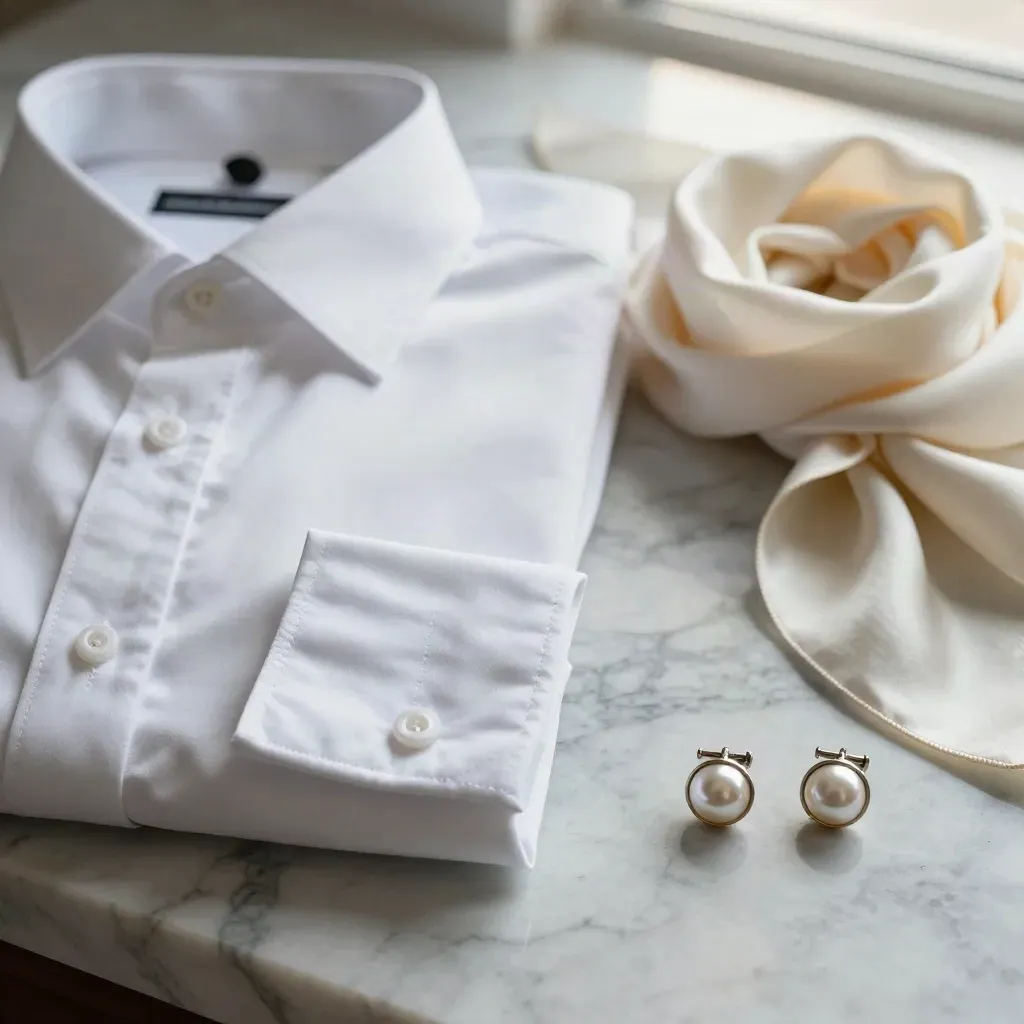 Camicia bianca da cerimonia su marmo con gemelli perlati e nastro di seta.