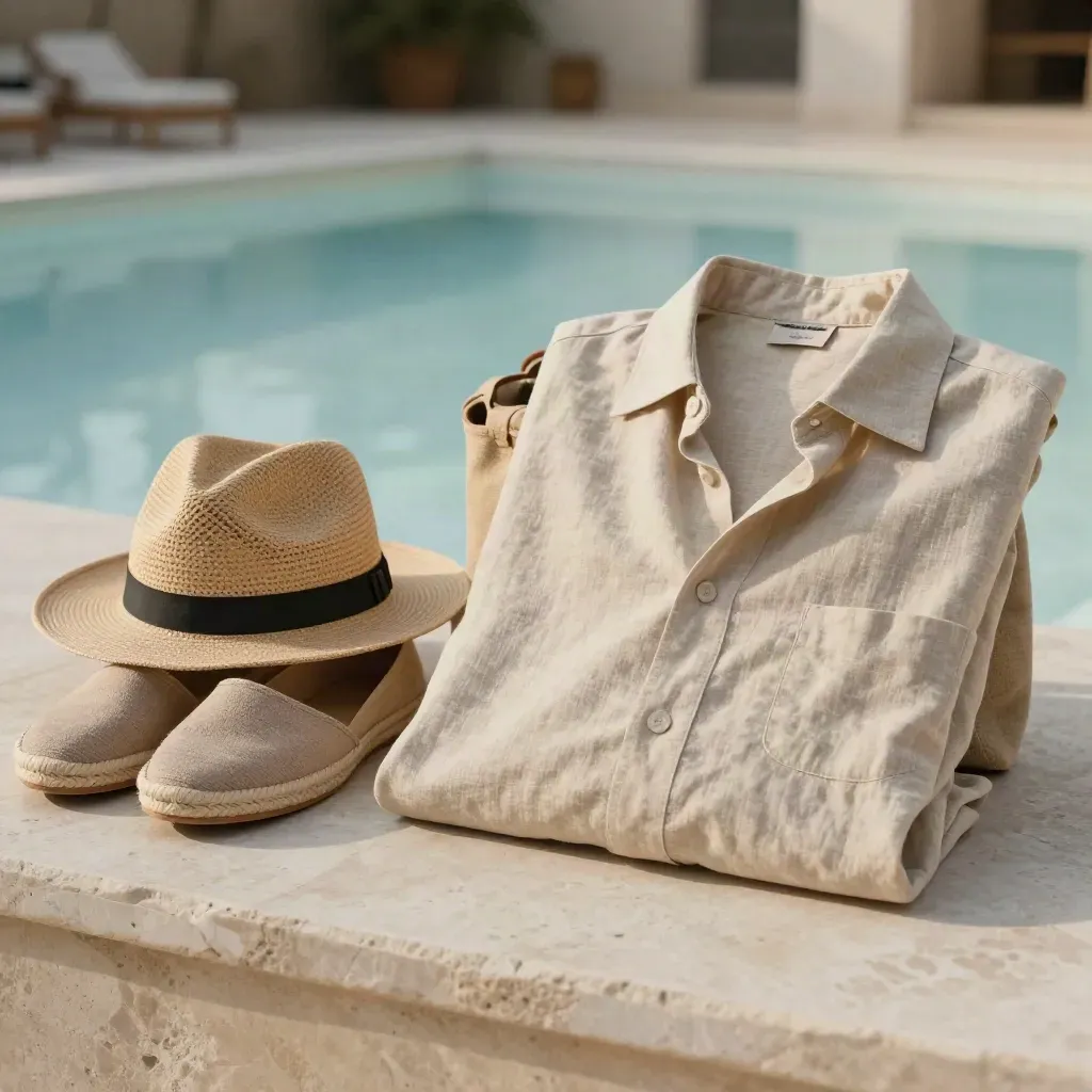 Camicia in lino sabbia con espadrillas, panama e borsa in canvas su pietra chiara.