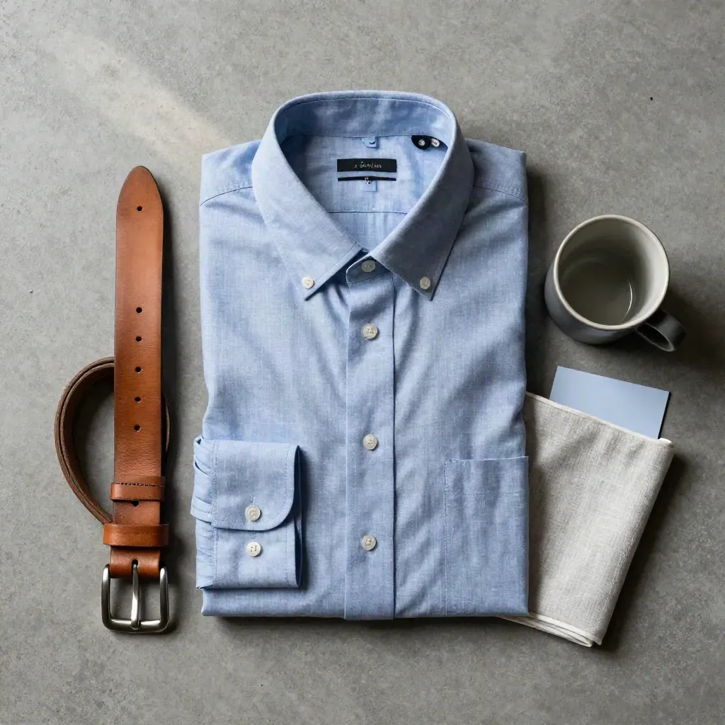 Camicia Oxford azzurra piegata con cintura, fazzoletto di lino e tazza in gres su cemento chiaro.
