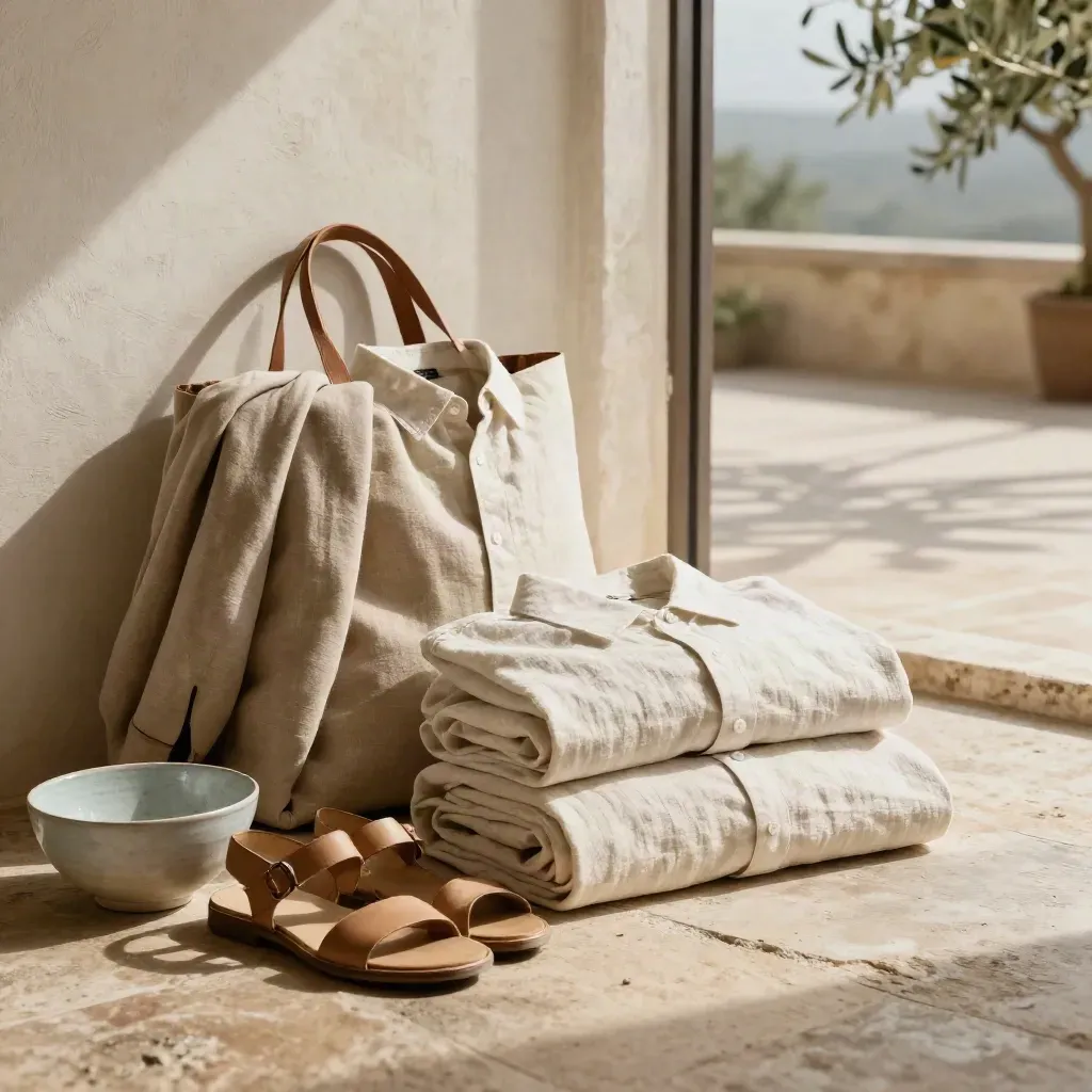 Due camicie in lino su terrazza luminosa, con sandali, giacca leggera e ciotola in ceramica.