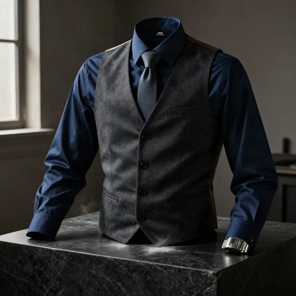 Camicia blu notte con gilet scuro, cravatta arrotolata e orologio metallico su plinto nero.