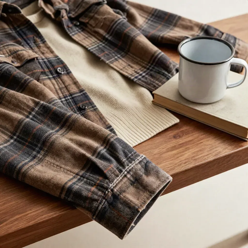 Camicia a quadri cacao in macro, con maglia rasata, tazza smaltata e libro in tela.