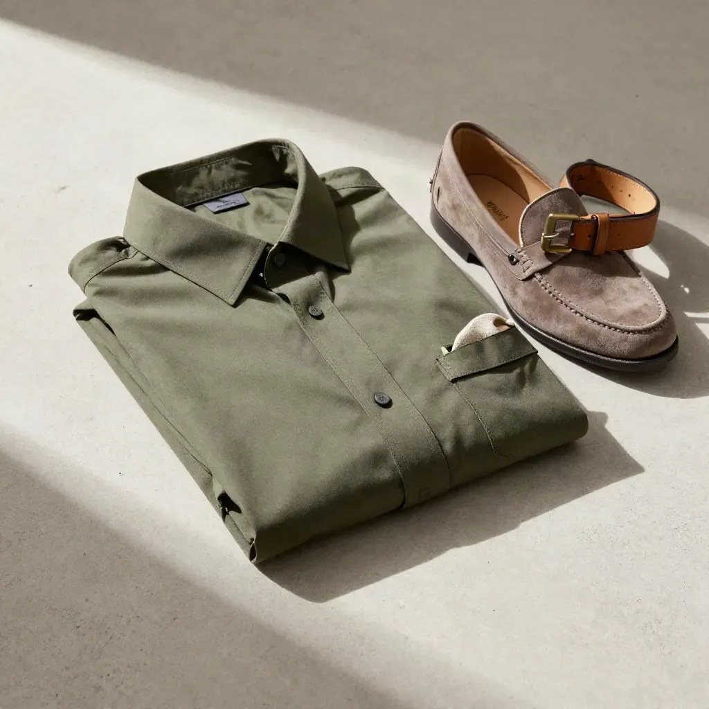 Camicia Oxford verde piegata con mocassini scamosciati, cintura e fazzoletto su cemento chiaro.