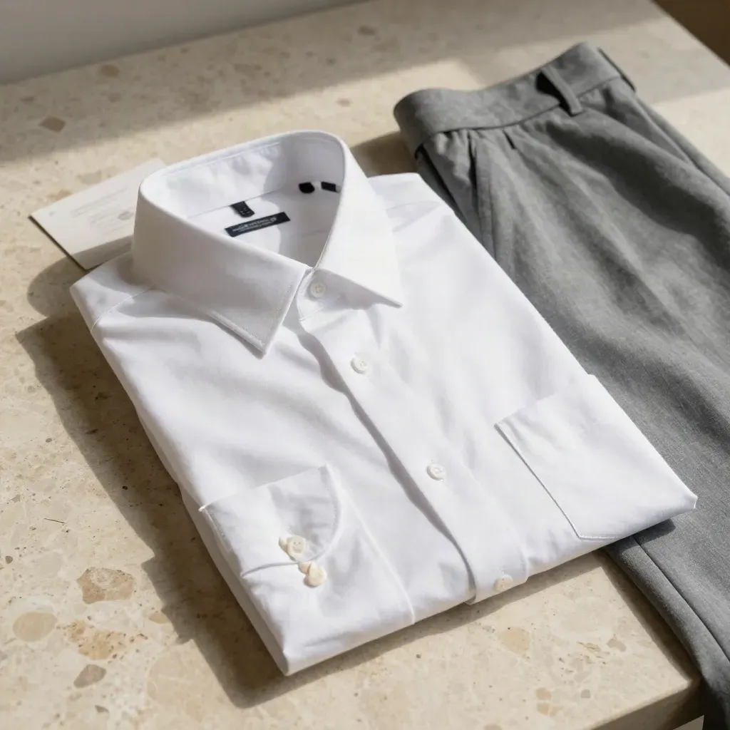 Camicia bianca Oxford con pantalone grigio e fazzoletto avorio su pietra chiara.