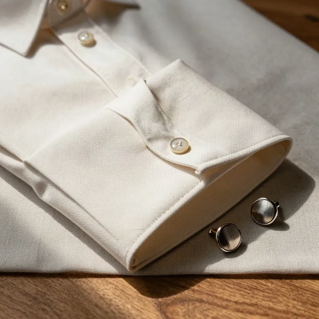 Camicia panna da cerimonia macro con polsino doppio, tessuto fitto e gemelli su lino greige.