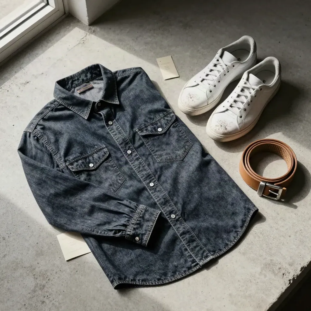 Flatlay dall’alto di camicia denim scuro, sneakers bianche impolverate e cintura in cuoio su cemento.