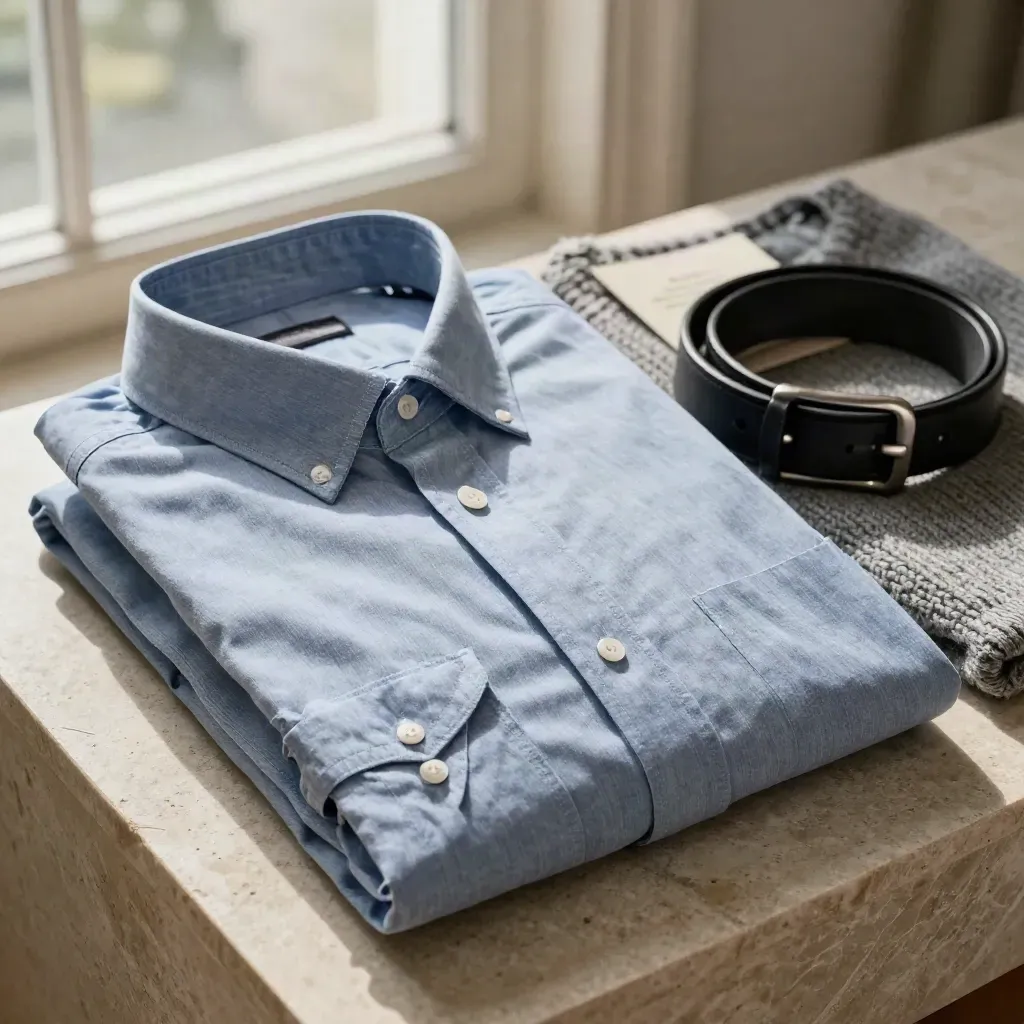 Camicia blu a quadri piegata con maglia grigia e cintura nera su lastra chiara.