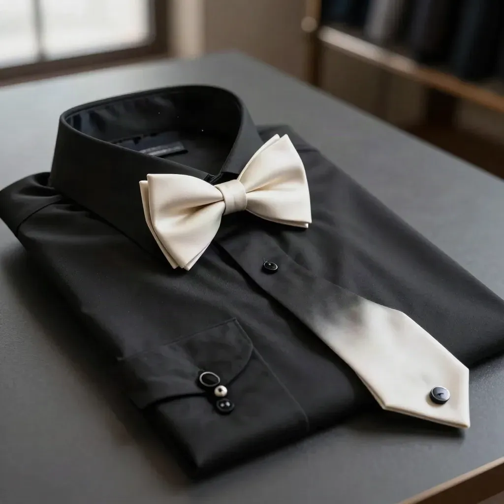 Camicia nera da cerimonia slim fit con papillon avorio e gemelli scuri su fondo drammatico