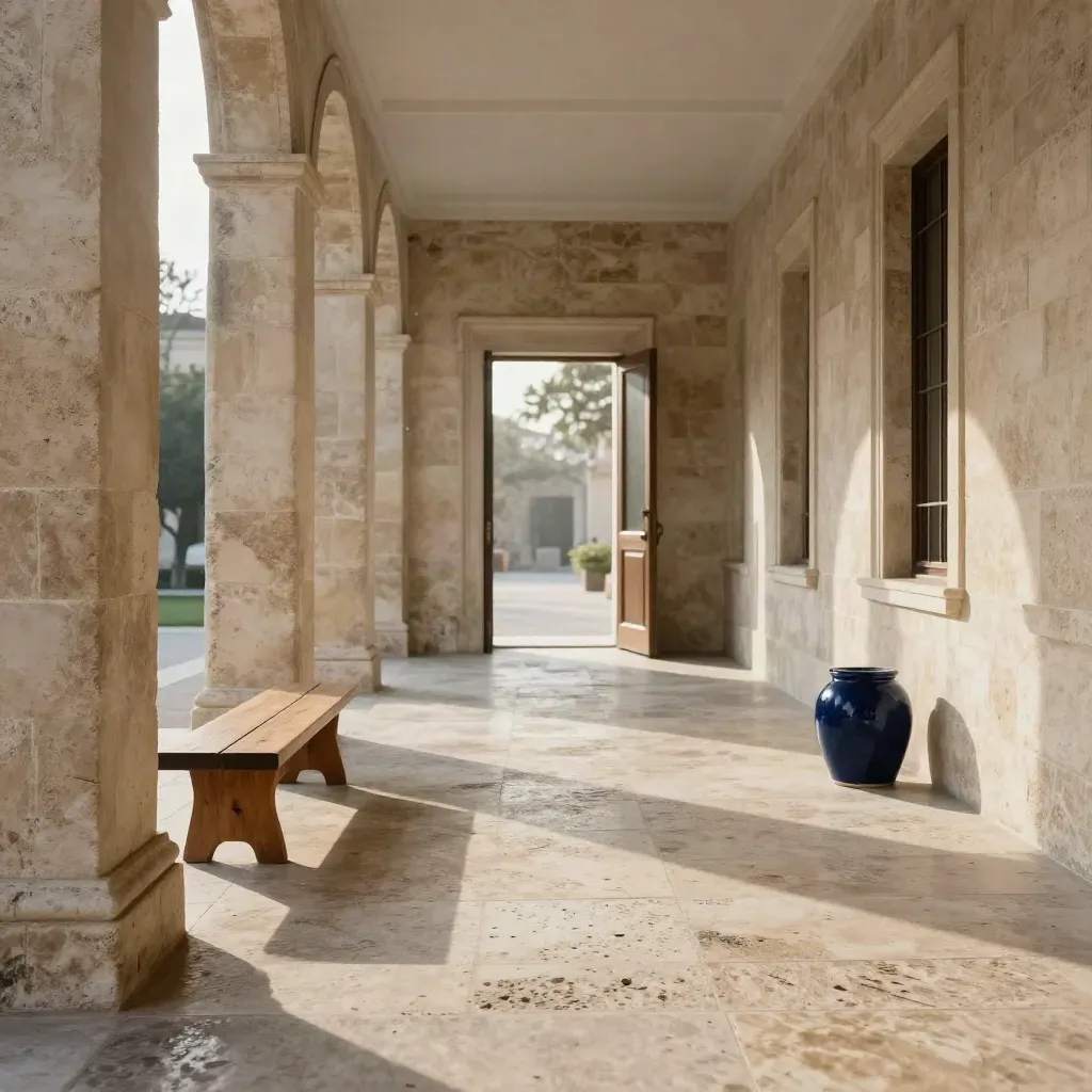 Portico in pietra calcarea con panca in legno e porta socchiusa, luce radente e aria leggera