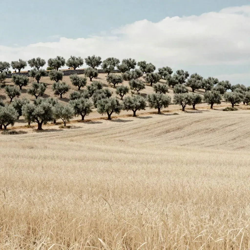 Collina mediterranea con ulivi, muretti chiari e campo di lino mosso dal vento sotto un cielo lattiginoso.